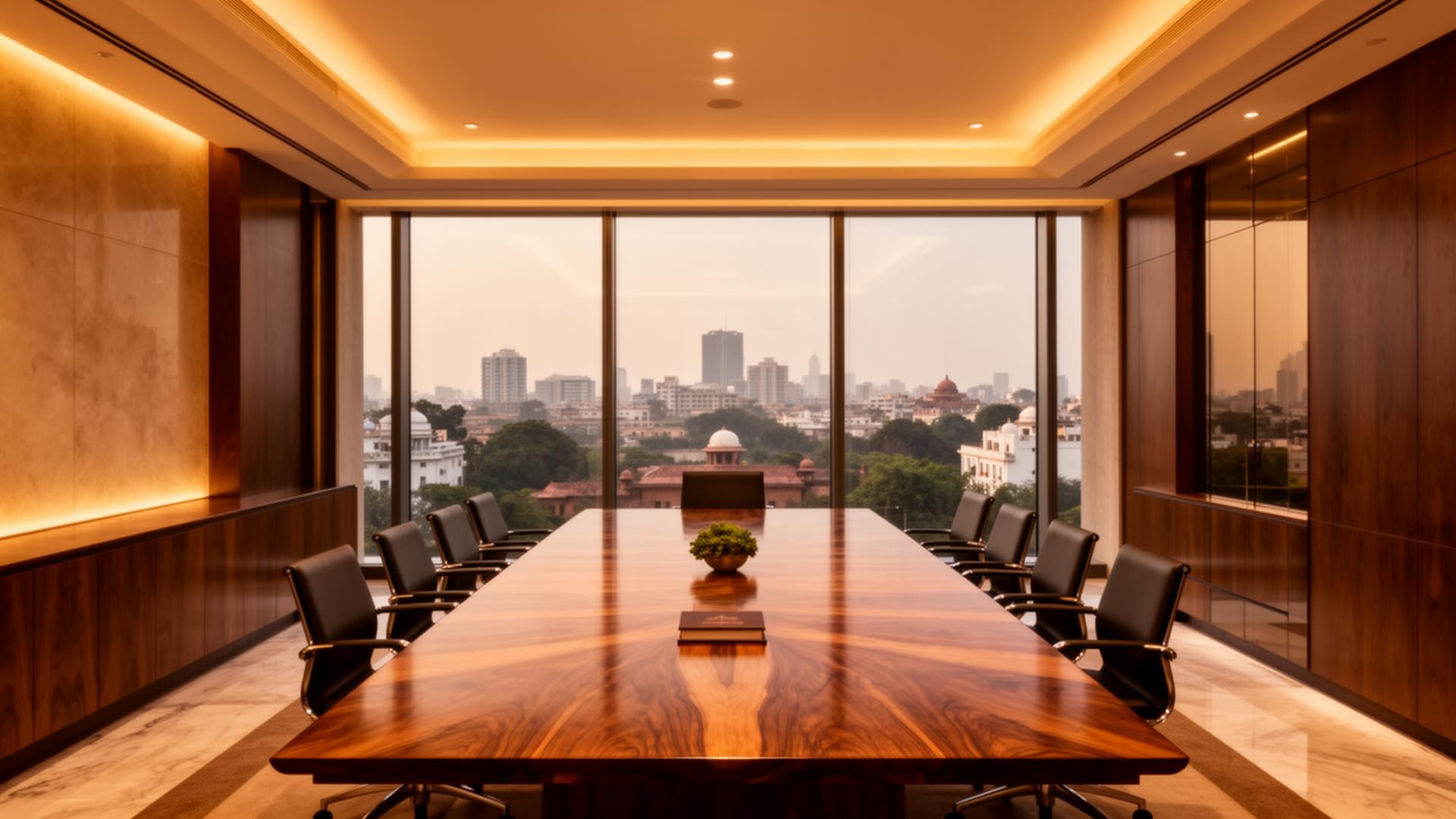 A modern Delhi boardroom at dusk